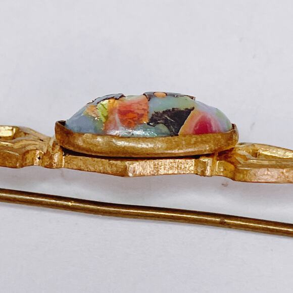 Vintage 1930s Art Deco Gold Tone Bar Brooch Foil Glass Cabochon Czech-style Pin - Picture 5 of 15